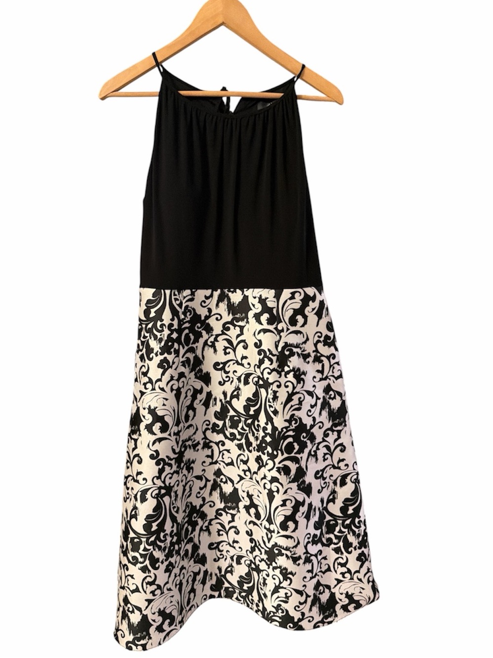 NWT Adrianna Papell Black Ivory Damask Midi Dress Pockets Size 8